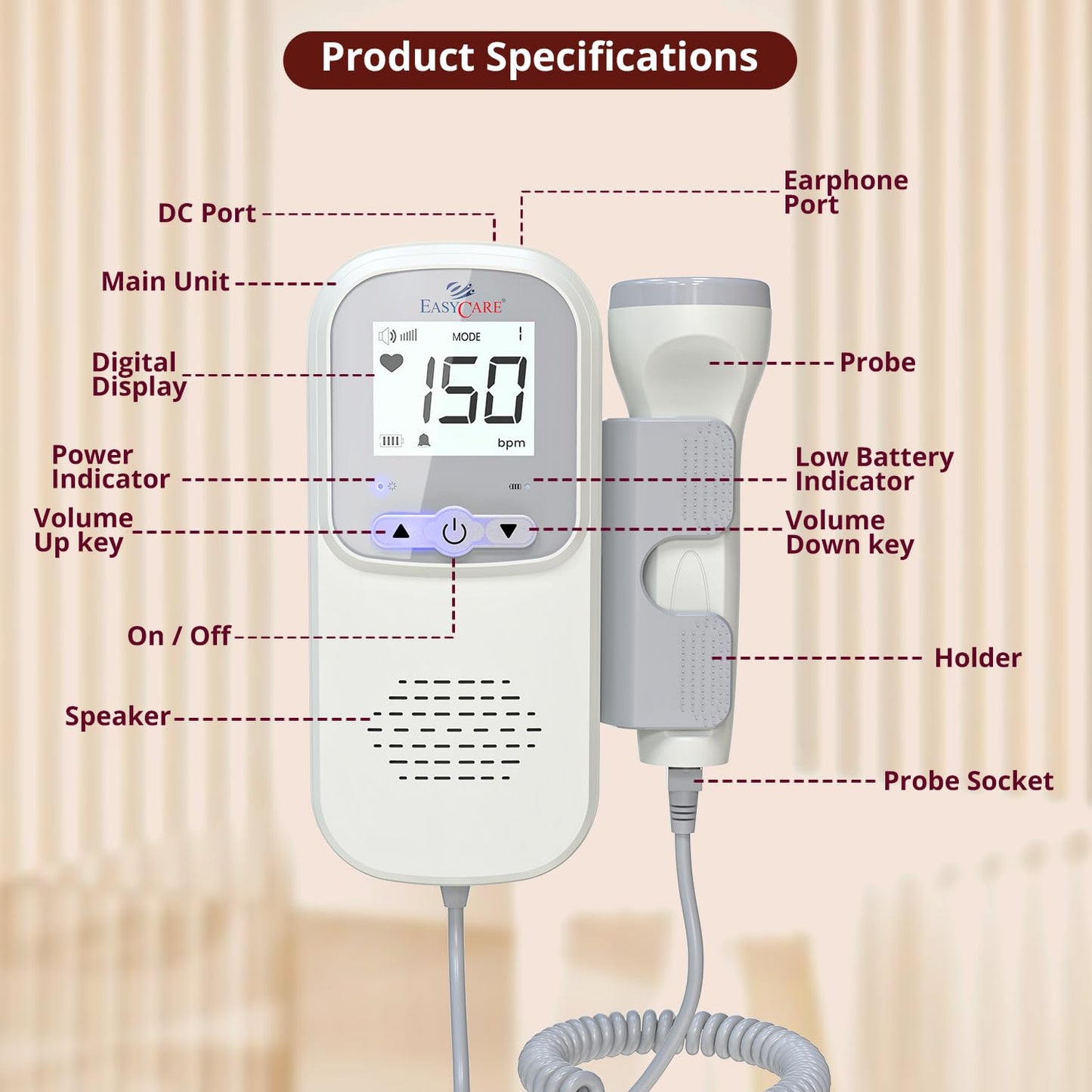 EASYCARE Radiation Free, High Performance, Intelligent Dynamic Detection with Low Power Indicator Fetal Doppler Machine with High sensitivity Probe