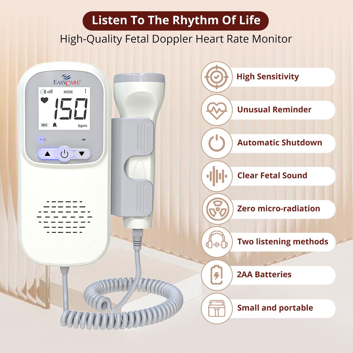 EASYCARE Radiation Free, High Performance, Intelligent Dynamic Detection with Low Power Indicator Fetal Doppler Machine with High sensitivity Probe