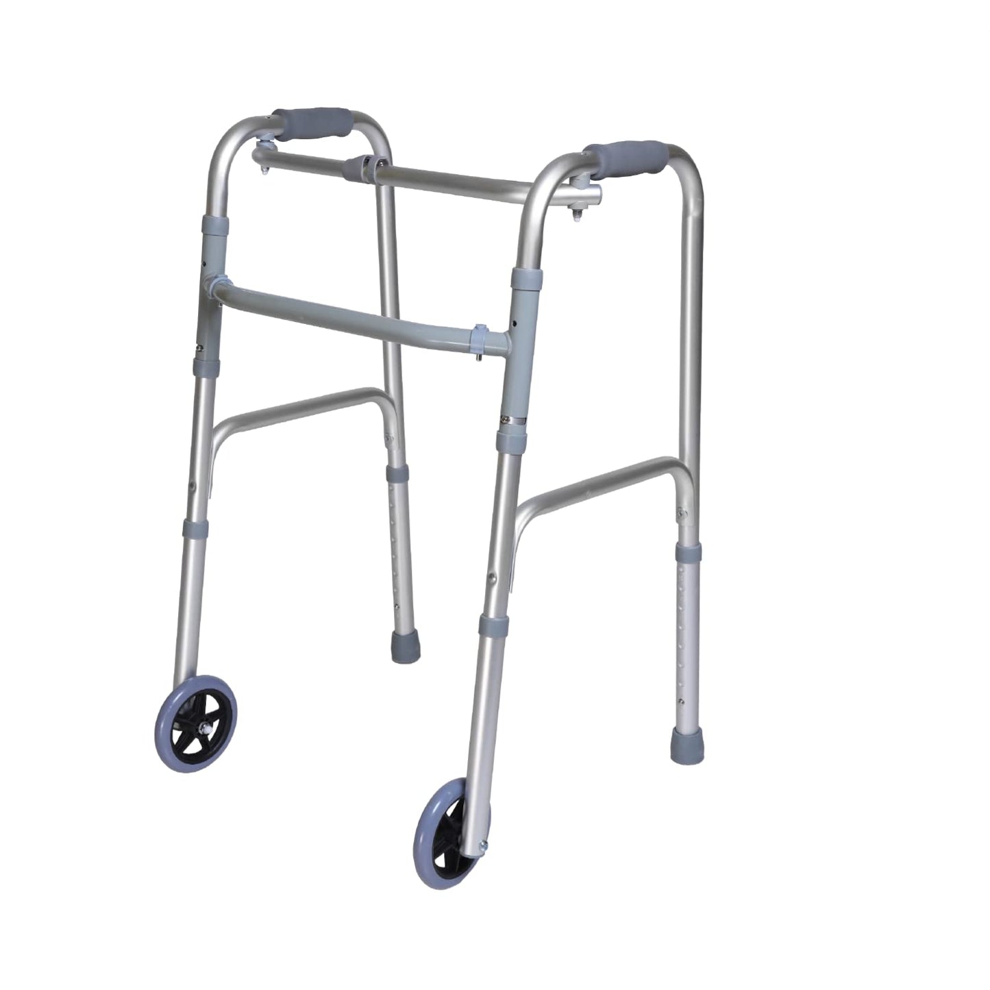 Walker with wheels. Foldable, adjustable height, lightweight and study frame, offering full support for elderly.