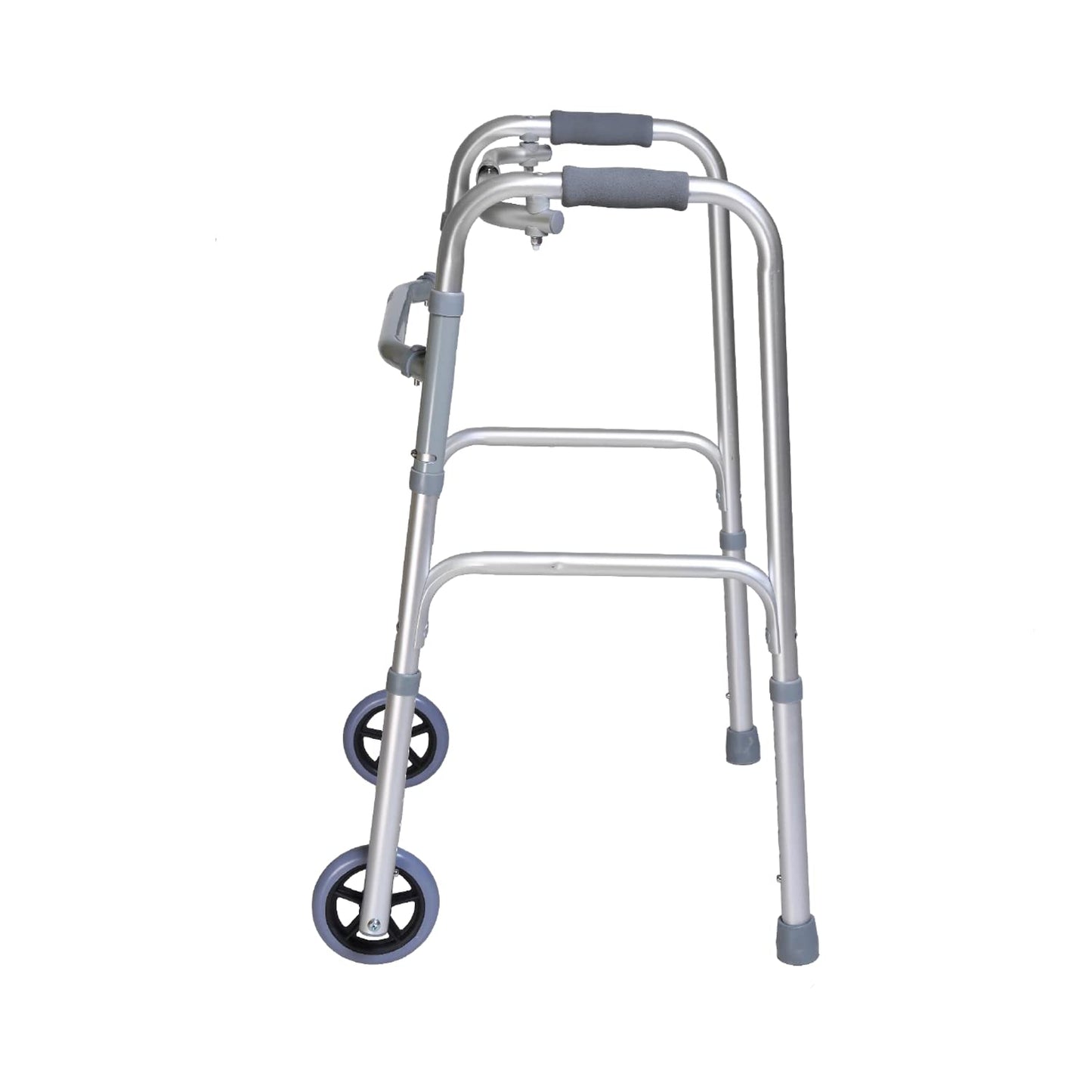Walker with wheels. Foldable, adjustable height, lightweight and study frame, offering full support for elderly.