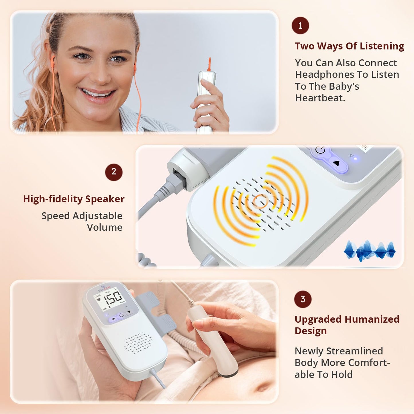 EASYCARE Radiation Free, High Performance, Intelligent Dynamic Detection with Low Power Indicator Fetal Doppler Machine with High sensitivity Probe