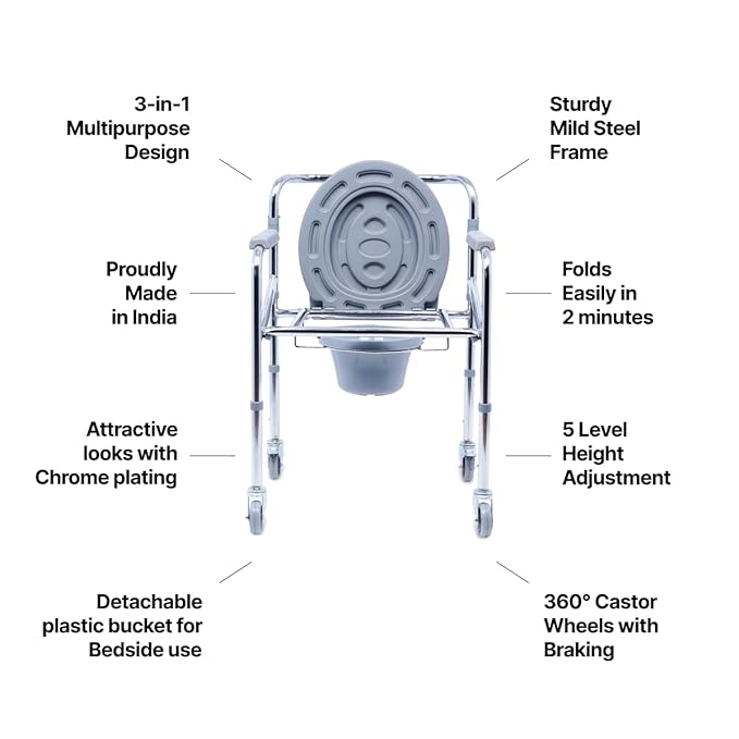 Commode Chair for Toilet Use with Castor Wheels