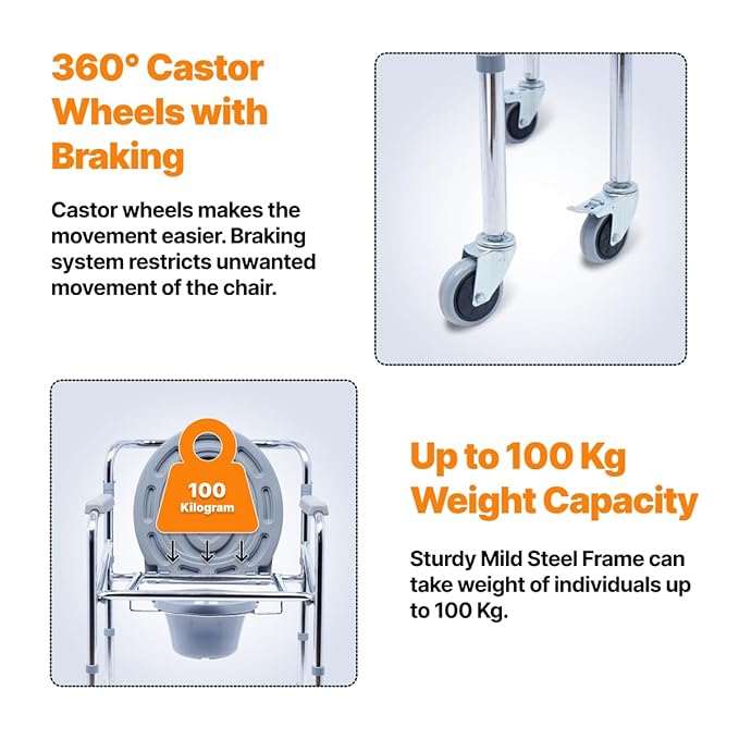Commode Chair for Toilet Use with Castor Wheels
