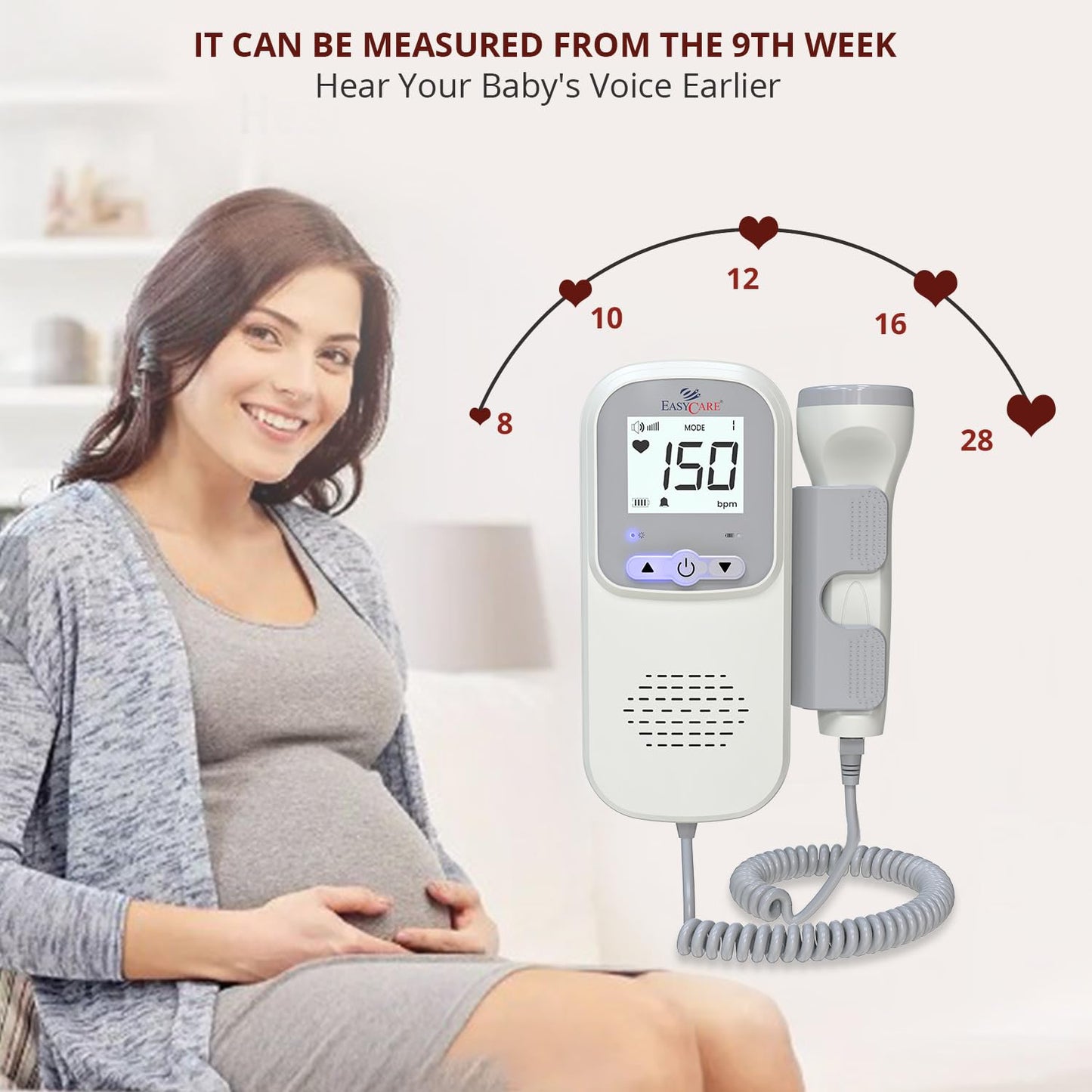EASYCARE Radiation Free, High Performance, Intelligent Dynamic Detection with Low Power Indicator Fetal Doppler Machine with High sensitivity Probe