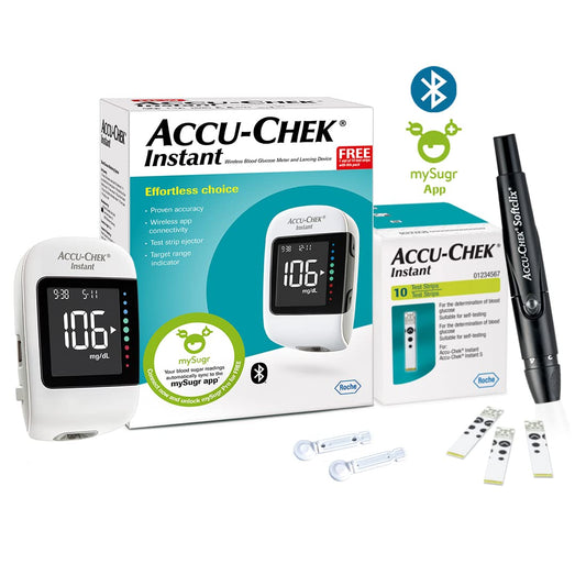 Accu-Chek Instant Blood Glucose Glucometer Kit with Vial of 10 Strips, 10 Lancets and a Lancing device FREE