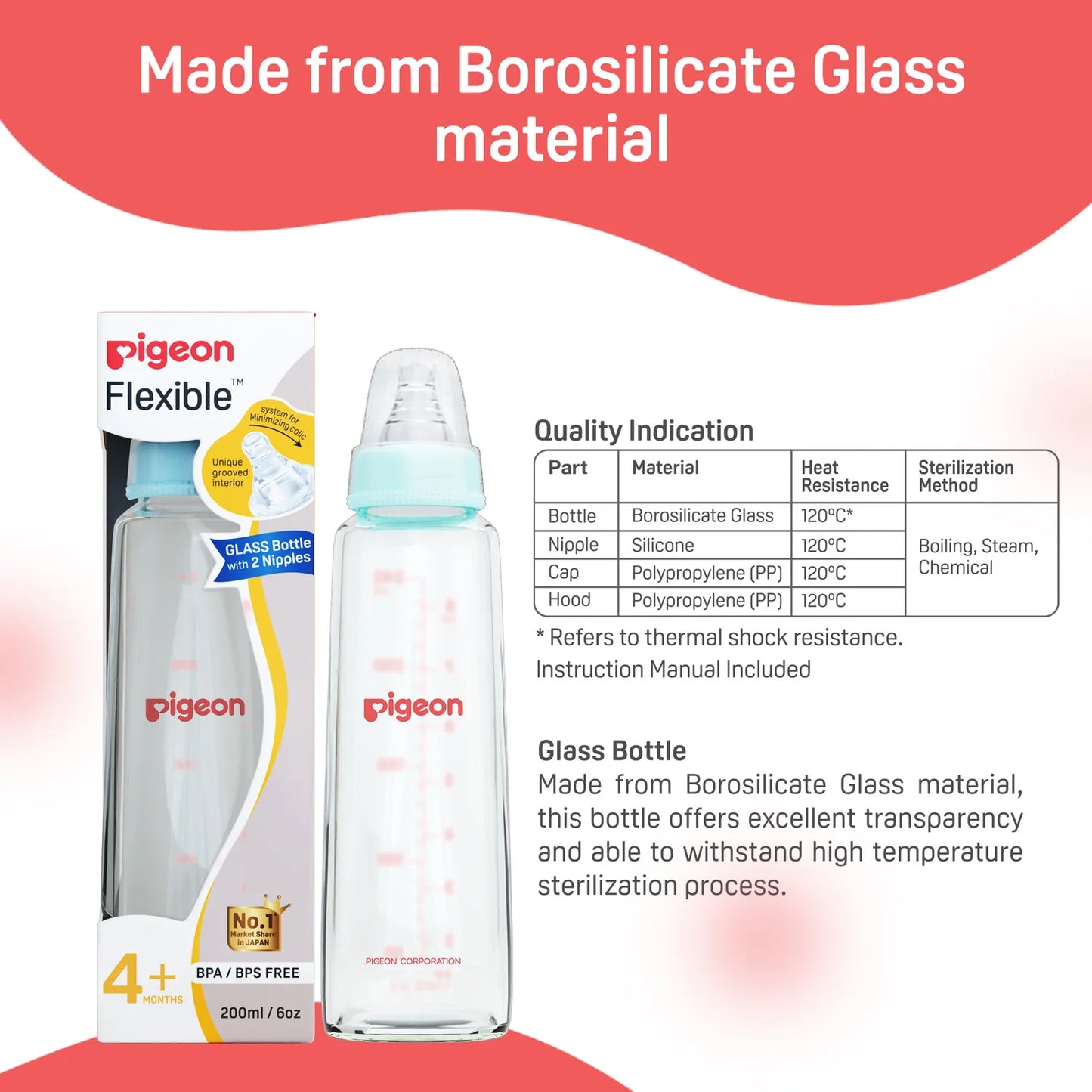 Pigeon Flexible Glass Bottle 200ml / 6oz