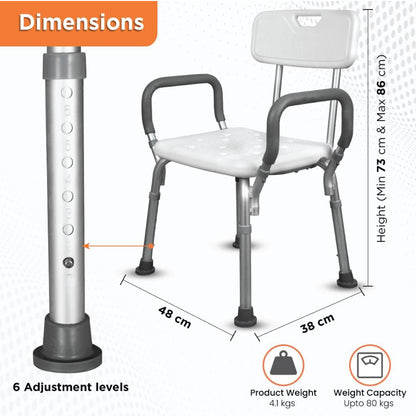 Vissco Comfort Shower Chair with Back and Armrest, Light Weight, Height Adjustable Shower Bench/Stool, Aluminum Anti Rusting Material - Universal