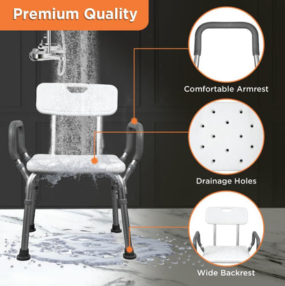 Vissco Comfort Shower Chair with Back and Armrest, Light Weight, Height Adjustable Shower Bench/Stool, Aluminum Anti Rusting Material - Universal